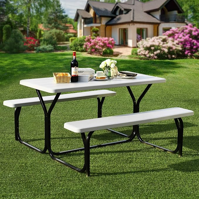 Giantex Picnic Table Bench Set Outdoor Camping All Weather Metal Base Wood-Like Texture Backyard Poolside Dining Party - Photo 2