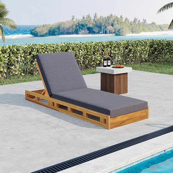 GDFStudio Outdoor Lounge Chaise Set with 4" Water-Resistant Cushions,4-Position Adjustable Backrest Recliner,Acacia Wood Lounger Chair for Patio,Garden,Poolside,Balcony,Deck,79" A Dark Gray,Teak