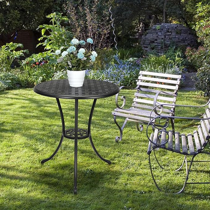 24" Cast Aluminum Patio Bistro Table with Umbrella Hole, Outdoor Round Coffee Bistro Side Table, Anti-Rust Outdoor Furniture for Backyard, Garden, Porch, Pool, Balcony, Black
