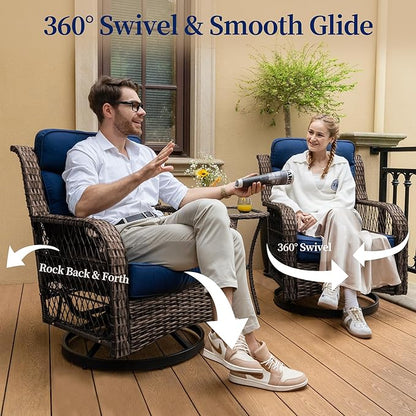 PIZZELLO Outdoor Swivel Rocker Chairs 6 Pieces Wicker Swivel Patio Chair with Rattan Side Table, 5" Extra Thick Cushions and 25" Full Support Back, Patio Furniture Set for Outside Porch Deck