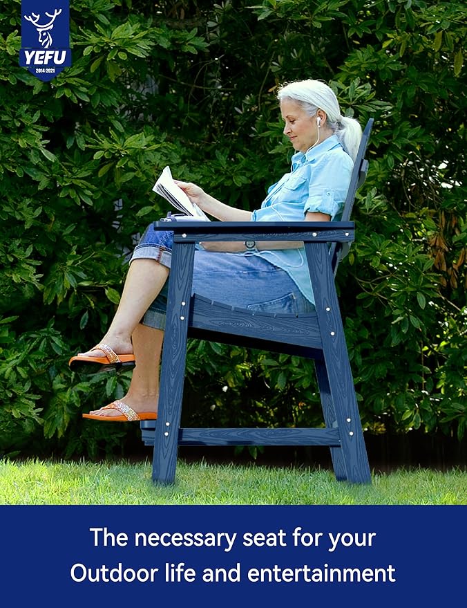 YEFU Tall Adirondack Chair Set of 2, Balcony Chair with Connecting Table, Poly Lumber Adirondack Chair, Patio Bar Stools, 380lbs, Weather Resistant for Outdoor Deck Lawn Pool-Navy Blue