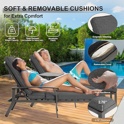 2 Chaise Lounge Chairs with 1 Side Table, Cast Aluminum Tanning Chair with Adjustable 5 Position Recliner, Grey Cushion and Wheels, 3 Piece Set for Outside Beach Patio Pool Lawn