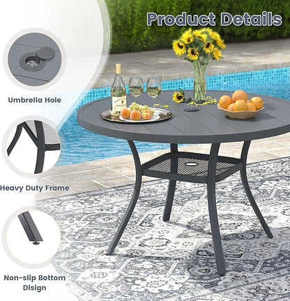 VICLLAX Round Patio Dining Table for 4-6, Outdoor Metal Dining Table with Umbrella Hole for Deck Lawn Garden Backyard, 47.2" Dark Grey