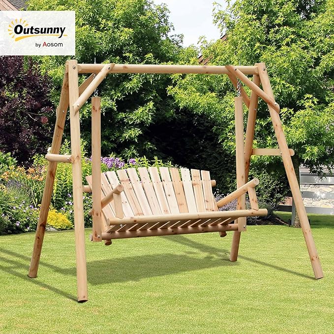 Outsunny 2-Seat Porch Swing with Stand, Wooden Patio Swing Chair Bench, for Garden, Poolside, Backyard, Natural
