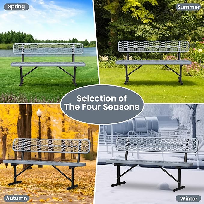 6ft Gray Metal Park Bench with Backrest, Heavy Duty Outdoor Benches Weatherproof Steel Long Playground Bench Seats, Commercial Garden Benches Red Dock Benches for Lawn, Park, Deck,Patio, Porch