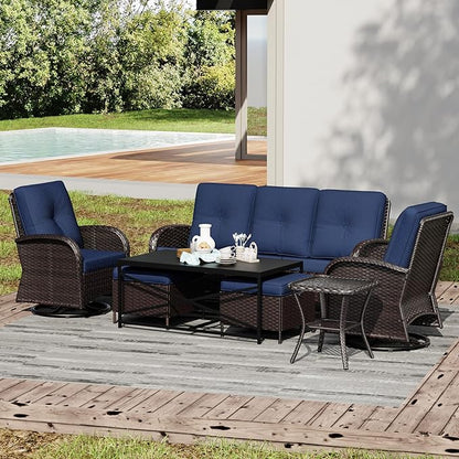 Joyside Wicker Patio Furniture Set, 7 Piece Outdoor Furniture Set with Thickened Cushions, High Back, Deep Seating, Wide Armrest, Outdoor Swivel Rocker Chairs for Porch, Deck
