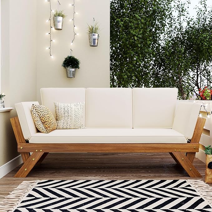 Merax Patio Sofa, Outdoor Adjustable Wooden Daybed, Chaise Lounge with Cushions, Natural+Beige - Photo 1