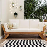Merax Patio Sofa, Outdoor Adjustable Wooden Daybed, Chaise Lounge with Cushions, Natural+Beige - Photo 1