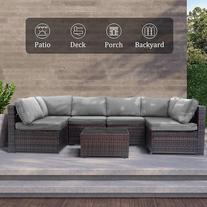 7 Seats Wicker Patio Couch, All Weather Patio Sofa Outdoor Furniture Setwith High Curvy Back - Photo 6