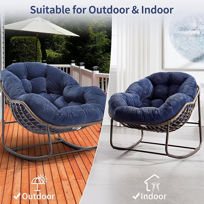 HOMEFUN Outdoor Patio Rocking Chairs, Oversized Papasan Rock Chair Indoor with Striped Velvet Padded Cushion - Rocker Egg Seat for Front Porch, Garden, Patio, Backyard Navy