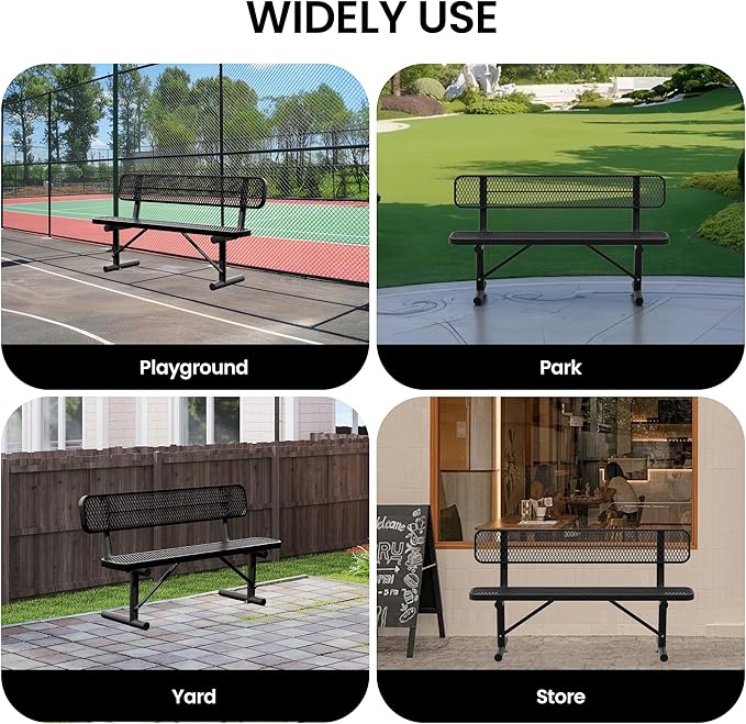 6 Feet Heavy Duty Metal Park Bench for Outside, Outdoor Bench with Backrest & Portable Frame, Commercial Benches for Shopping Malls, Stores, Parks, Patios, Decks, Black