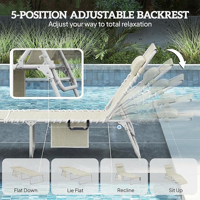 Outsunny Tanning Chair Set of 2 with Face Hole, Side Table, 5-Position Reclining Folding Chaise Lounge Chair Outdoor Lounger Recliner, Carry Straps for Beach Pool Camp, Breathable Mesh, Beige