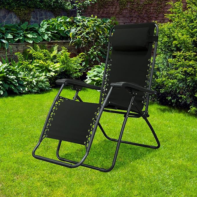 Caravan Sports Zero Gravity Outdoor Portable Folding Camping Lawn Deck Patio Pool Recliner Lounge Chair for Adults, Adjustable Headrest, Black