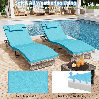 Long Reclining Chair Lounge Set (Set of 3), Modern Outdoor Patio Furniture with Adjustable Backrest & Side Table, Durable PE Wicker, Weather-Resistant Cushions, Blue