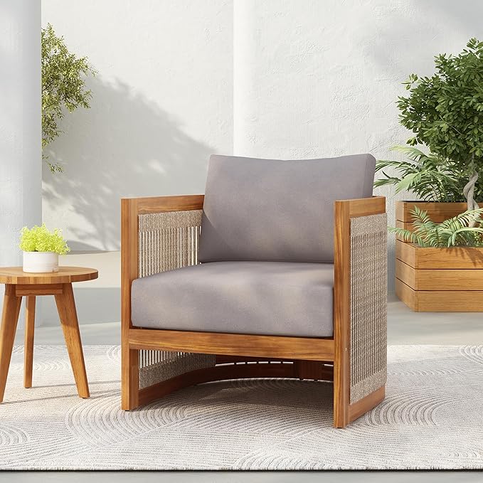Merax Acacia Wood Outdoor Club Chair, Woven Rope Accents Design, Wooden Patio Accent Chair - Photo 1