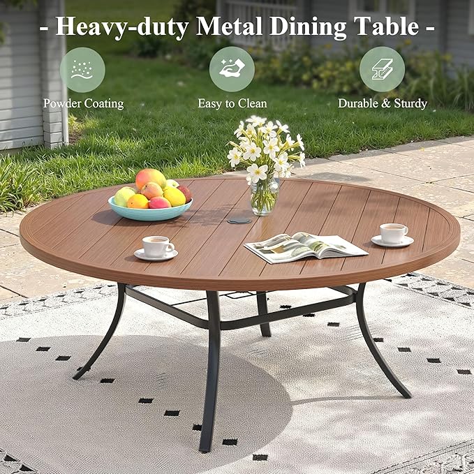 Outdoor Dining Table for 8, 63" Round Outdoor Table with Adjustable Umbrella Hole, All-Weather Metal Patio Dining Table for Lawn Garden Backyard Deck, Walnut