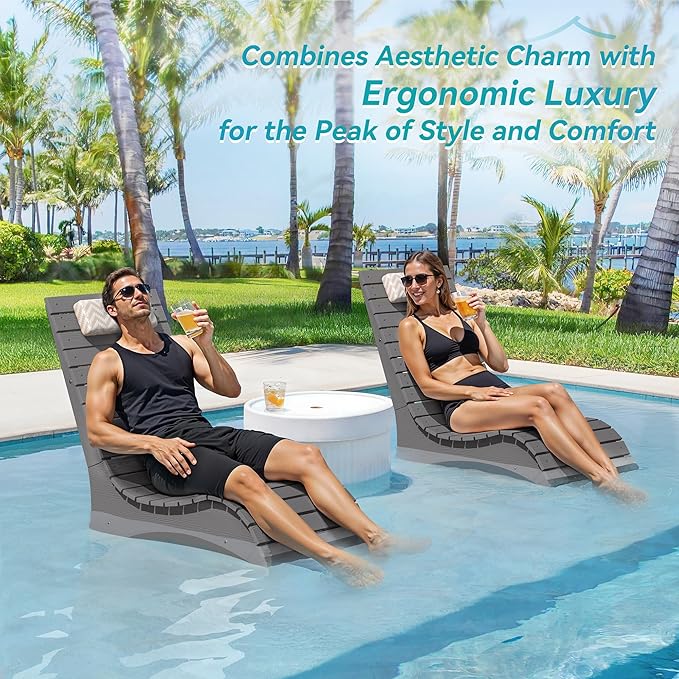 Pool Lounge Chairs Set of 2, Use in Pools Lounge Chairs up to 10-Inches of Water, Chaise Chairs with Headrest, Lounge Chair Outdoor, Fade-Resistant Pool Lounger for Deck
