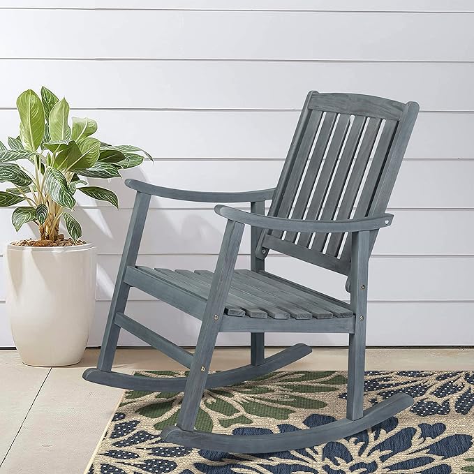 JONATHAN Y RCK102B Penny Classic Slat-Back 300-Lbs Support Acacia Wood Patio Outdoor Rocking Chair for Garden, Lawn, Backyard, Pool, Deck, Beach, Firepit, Gray