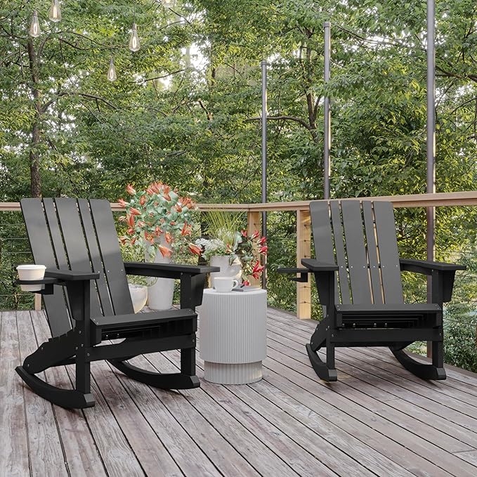 Flash Furniture Halifax Adirondack Rocking Chairs with Cup Holder, Weather Resistant Poly Resin Adirondack Rocking Chairs, Set of 2, Gray