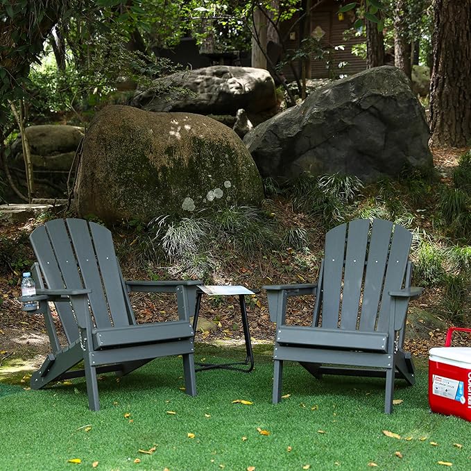 Folding Adirondack Chair with Dual Cup Holder, HDPE Composite Adirondack Chair with Wood Texture, Patio Chairs, Lawn Chairs, Outdoor Chair for Deck, Backyard, Garden (Gray)