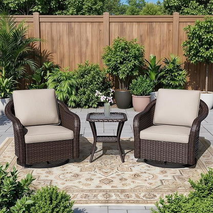 3 Piece Patio Wicker Bistro Set, 2 All-Weather Use Outdoor Wicker Swivel Chairs with PE Rattan Side Table,Ideal for Porch, Backyard, Balcony, Poolside, Beige