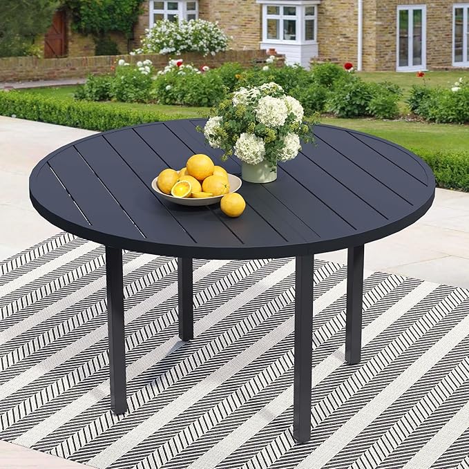 60" Round Patio Dining Table for 8, All-Weather Metal Patio Table with Umbrella Hole, Outdoor Round Dining Table for Lawn Garden Porch, Black