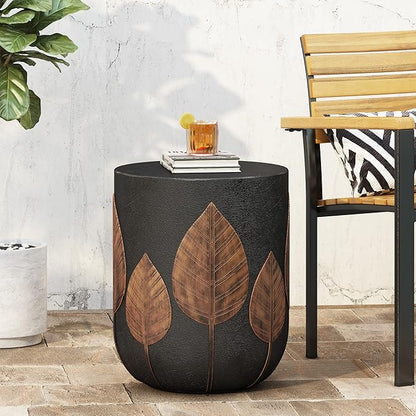 Outdoor Side Table Concrete End Table Round Drum Side Tables Antique Small Coffee Tables for Indoor Outdoor, Garden Stool Plant Stand for Porch Backyard Patio 15.25" Black & Gold Leaves