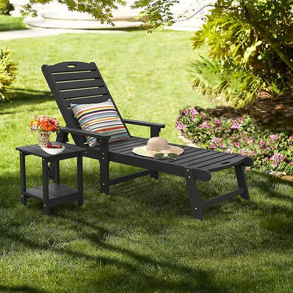 LUE BONA Lounge Chair Outdoor with Table, 2-Piece, HDPS Chaise Lounge Outdoor with Wheels, 5 Positions Adjustable Pool Lounger Chairs for Outside, Patio, Deck, Black