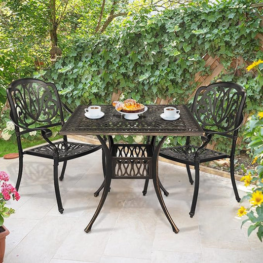 VINGLI Patio Dining Table with Umbrella Hole, Cast Aluminum Outdoor Bistro Furniture for Garden (35.4" Lx35.4 Wx29.5 H)