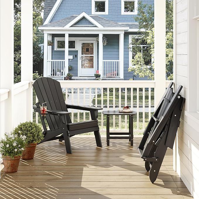 Folding Adirondack Chair Set of 2 with Cup Holders & Ottomans, HDPE All Weather Resistant Plastic Outdoor Patio Chairs - Photo 2