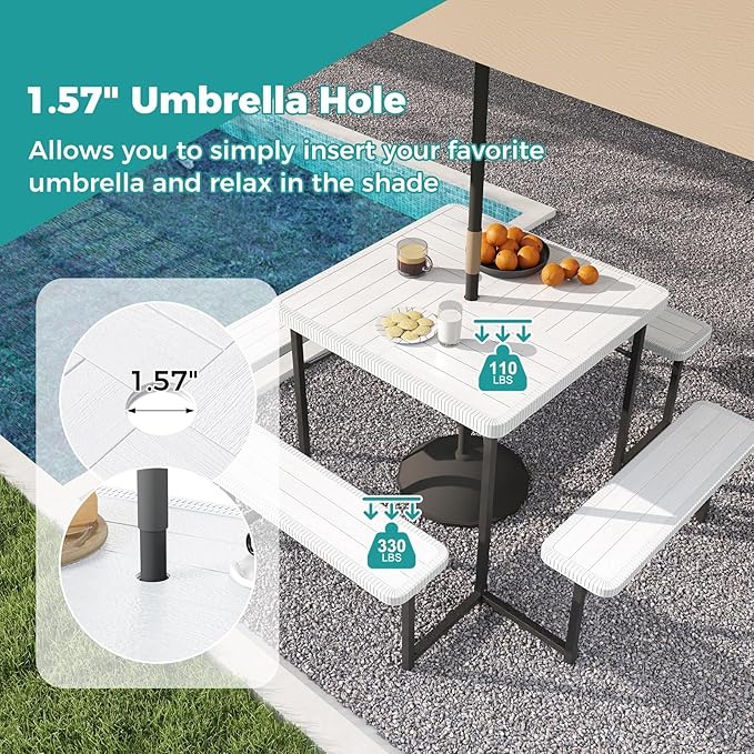 Giantex Picnic Table Bench Set for 4-8 People, 34" Outdoor Square Dining Table & 2 Benches w/Umbrella Hole - Photo 5