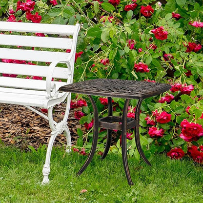 Bonnlo 21 Inch Cast Aluminum Outdoor Side Table with Umbrella Hole, Anti-Rust Coffee Bistro Table for Outdoor, Patio, Garden, Porch, Balcony End Table (Square, Bronze)
