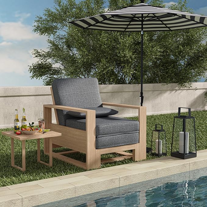 HULALA HOME Outdoor Chaise Lounge, Solid Wood Patio Lounge Chair with Lumbar Pillow, Adjustable Reclining Poolside Lounge Chair, Charcoal