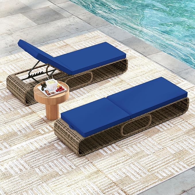 Tangkula Outdoor Chaise Lounge Chair Set of 2, 7-Position PE Wicker Patio Reclining Sun Lounger with Adjustable Backrest, Cushion and Storage, Pool Sunbathing Recliner for Poolside, Backyard (Navy)