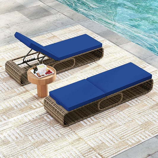 Tangkula Outdoor Chaise Lounge Chair Set of 2, 7-Position PE Wicker Patio Reclining Sun Lounger with Adjustable Backrest, Cushion and Storage, Pool Sunbathing Recliner for Poolside, Backyard (Navy)