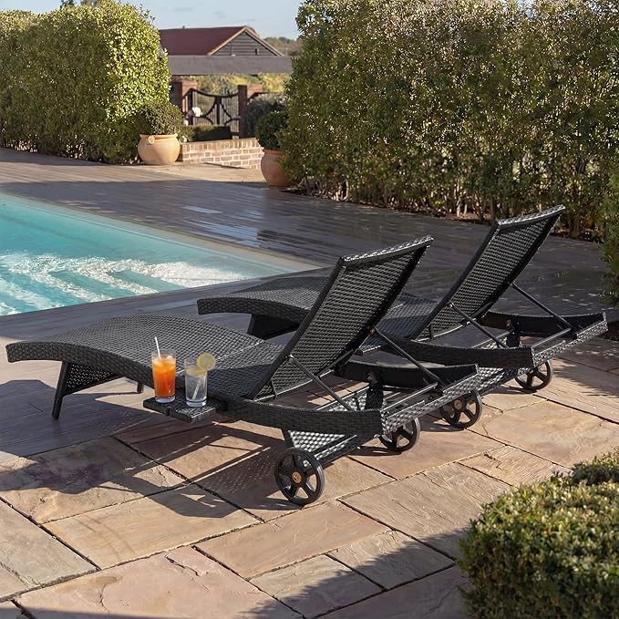 Polibi 80" Patio Wicker Chaise Lounge Chairs Set of 2, Outdoor Rattan Reclining Lounge Chair with Rolling Wheels & Pull-Out Side Table, 4-Level Adjustable Backrest, All-Weather Ergonomic Design,Black