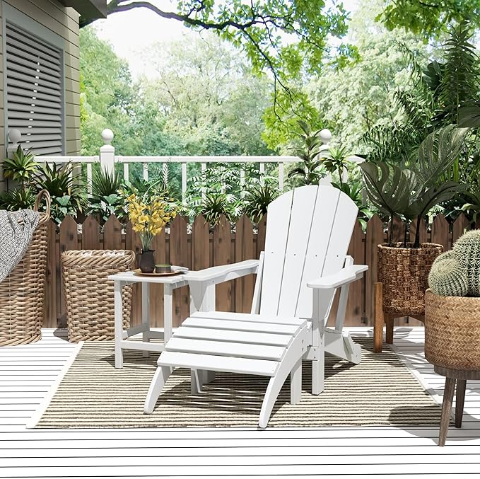 WestinTrends Malibu Outdoor Lounge Chairs, 3-Pieces Adirondack Chair Set with Ottoman and Side Table, All Weather Poly Lumber Patio Lawn Folding Chair for Outside Pool Garden Backyard, White