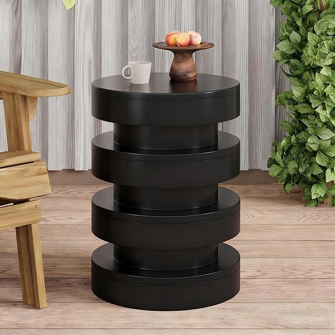 Christopher Knight Home Jeru Lightweight Concrete Round Coffee Table, Indoor and Outdoor Side Table for Living Room, MGO Small Side Table, 3-Tier Design, No Assembly Needed, Black