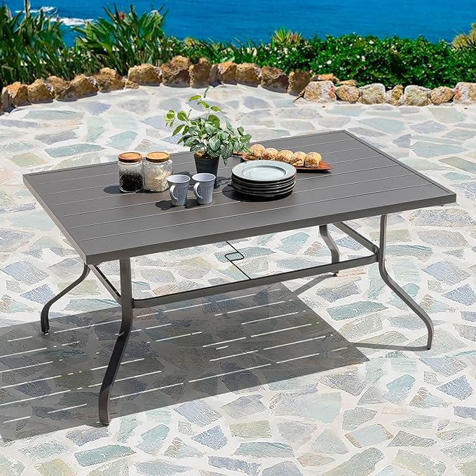 NUU GARDEN Outdoor 61" x 37" Rectangle Dining Table with 1.57" Umbrella Hole, 6-Person Steel Slat Outdoor Patio Table - Photo 2