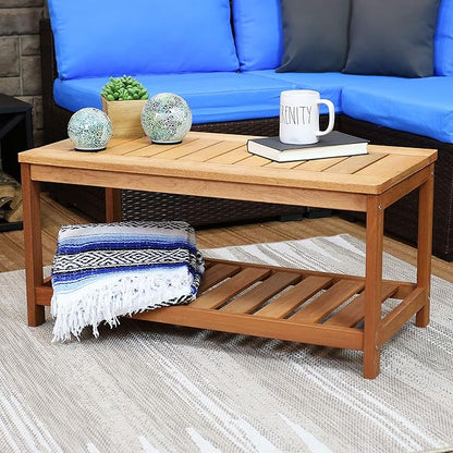 Sunnydaze Meranti Wood Outdoor Coffee Table with Storage Shelf for Living Room, Patio, or Outside – 35-Inch Rectangular Wooden Coffee Table – Ideal for Backyard Living – Teak Finish
