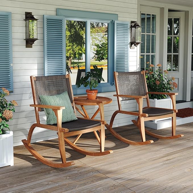 Merax 2-Piece Patio Rocking Chair Set, Acacia Wood Outdoor Rockers with PE Wicker Rattan Seat & Backrest, Comfortable Garden Porch Chairs for Backyard, Balcony, Poolside