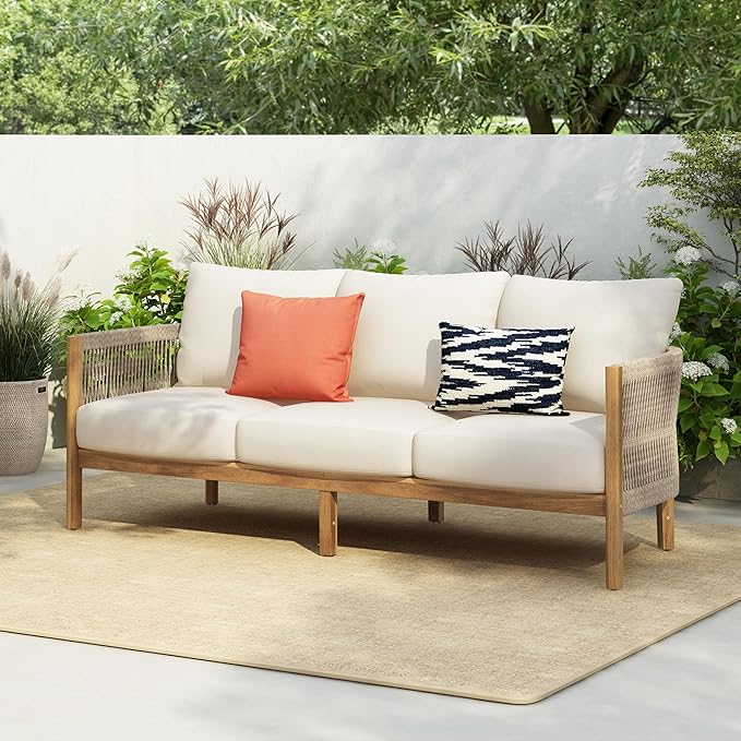 Christopher Knight Home Havets 77"W Outdoor 3 Seater Sofa, 6" Thick Cushion Couch, Acacia Wood Bench Sofa, Comfy Woven Rope Armchair, Spacious Seating Bench Couch for Backyard Garden Porch, Teak+Beige