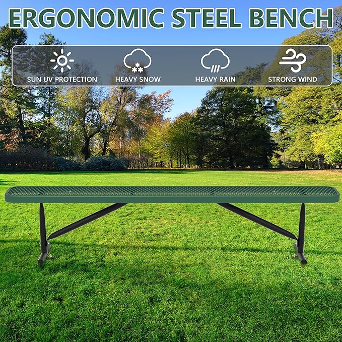 8 Feet Outdoor Benches, Green Heavy Duty Metal Park Bench for Outside, Weatherproof Dock Bench, 96" L Commercial Benches Backless Bench for Shopping Mall, Store, Lawn, Park, Patio, Deck, Garden