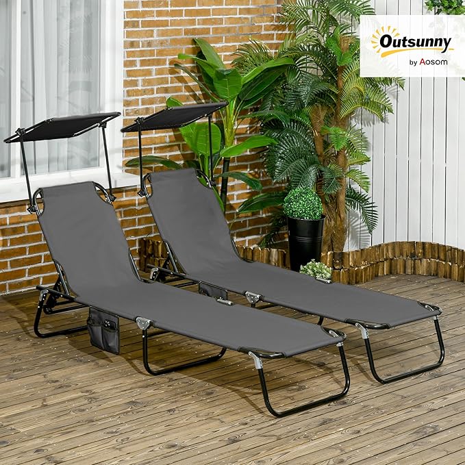 Outsunny Folding Chaise Lounge Pool Lounge Chairs Set of 2, Outdoor Sun Tanning Chairs with Canopy Shade, Reclining Back, Steel Frame and Side Pocket for Beach, Yard, Patio, Dark Gray