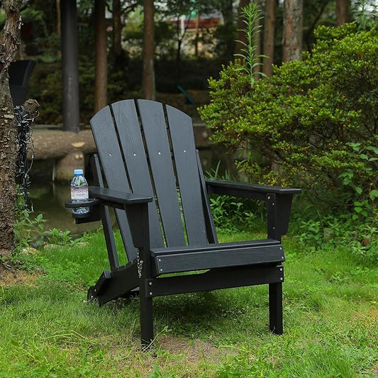 HDPE Folding Adirondack Chair with Dual Cup Holder - Composite Adirondack Chair with Wood Texture- Black