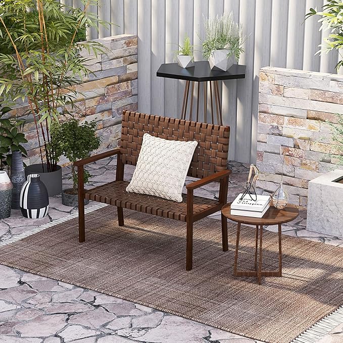 Tangkula Patio Loveseat Bench, Outdoor All Weather Bench with Solid Rubber Wood Frame & Hand Woven PU Leather, Indoor Outdoor 2-Seater Conversation Chair for Backyard, Garden, Poolside
