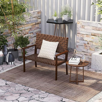 Tangkula Patio Loveseat Bench, Outdoor All Weather Bench with Solid Rubber Wood Frame & Hand Woven PU Leather, Indoor Outdoor 2-Seater Conversation Chair for Backyard, Garden, Poolside