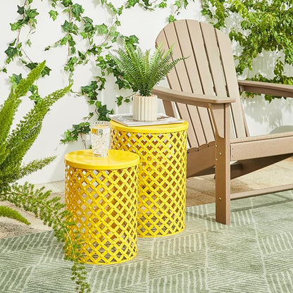 Glitzhome Outdoor Side Table Set of 2, Decorative Garden Stool for Patio Heavy Duty Metal Frame Accent Table Modern End Table, Yellow