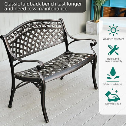 YITAHOME Cast Aluminum Outdoor Bench for 2 Persons, 39.4'' Heavy Duty Rust Free Patio Garden Bench for Front Porch Yard Lawn Entryway Deck, Park Bench, Outdoor Benches, Bronze