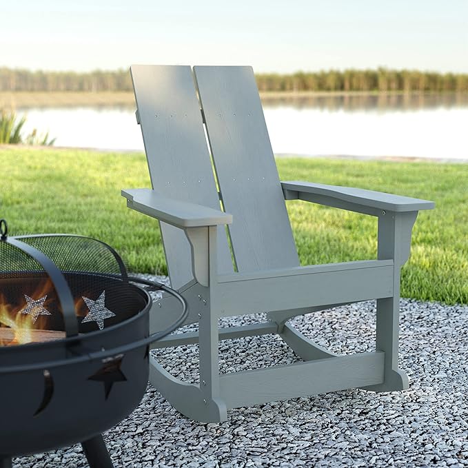 EMMA + OLIVER Harmon Adirondack Rocking Chair - Gray Poly Resin - Suitable for Indoor/Outdoor Use - All Weather Materials - Easy Assembly - 350 lb. Weight Capacity
